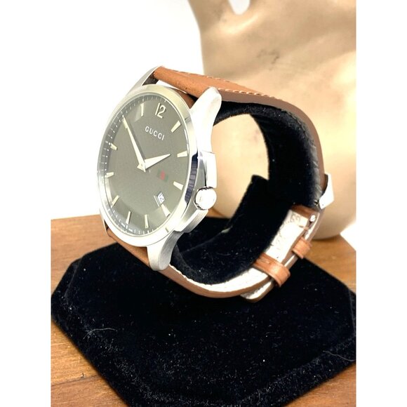 Gucci Men's Watch YA126302 G-Timeless Swiss Quartz Gray Dial Brown Leather 40mm - Picture 2 of 15